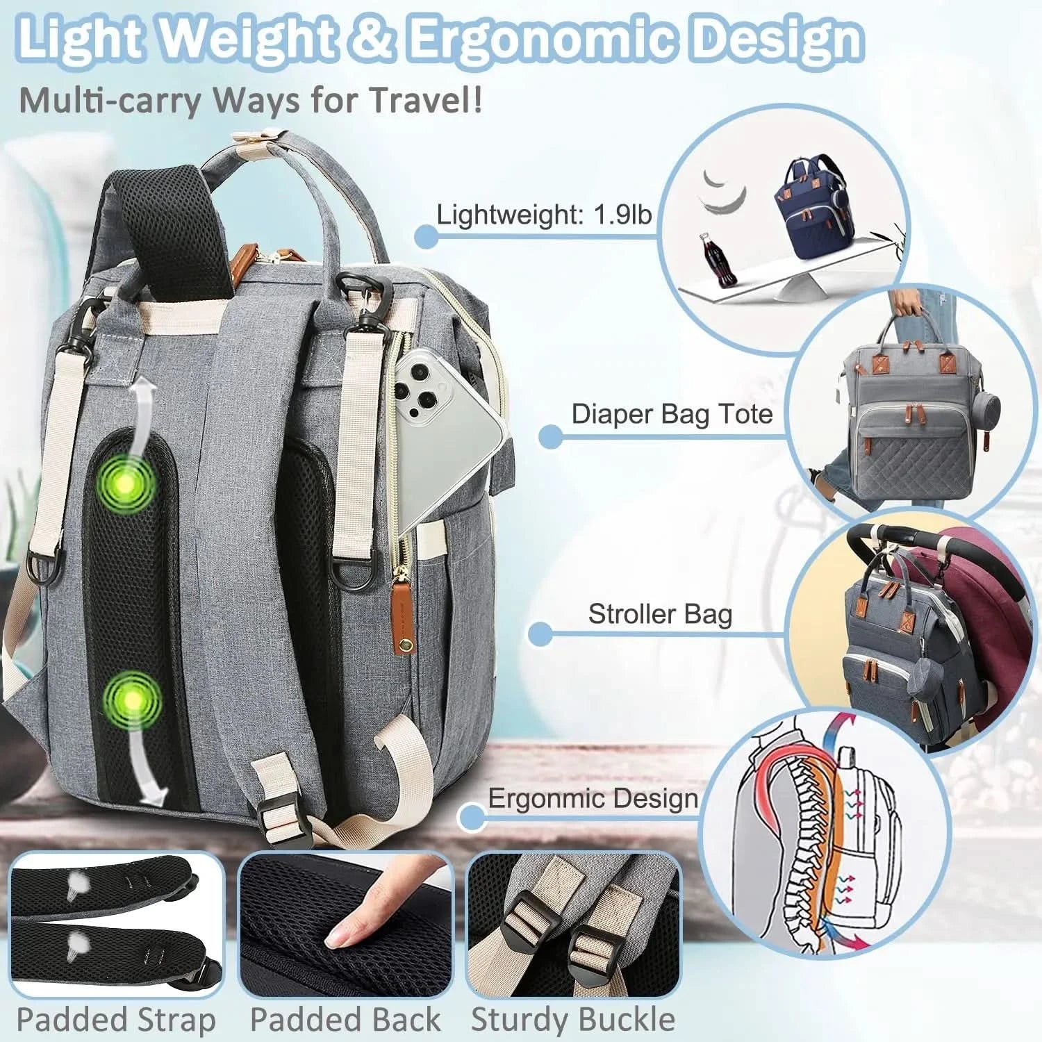 Multi-Functional Backpack Diaper Bag with Changing Mat and Pacifier Holder