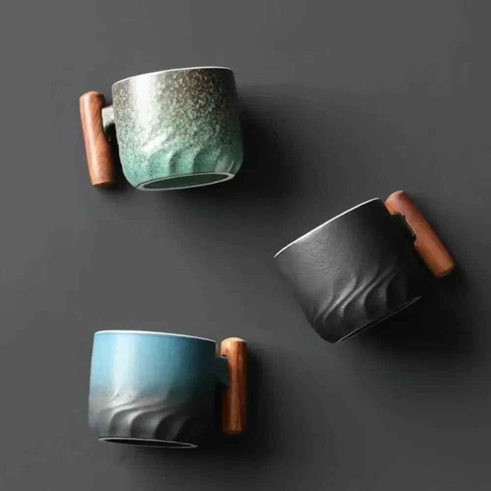 Vintage-Style 80ml Ceramic Espresso Mug with Wooden Grip