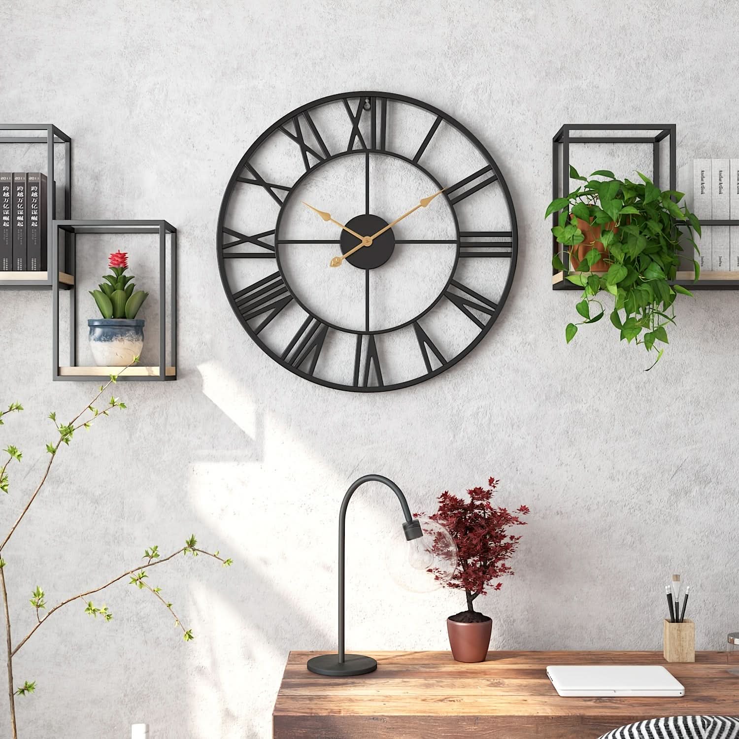 Silent Round Wall Clock - Vintage Design with Sturdy Metal Frame for Bedroom