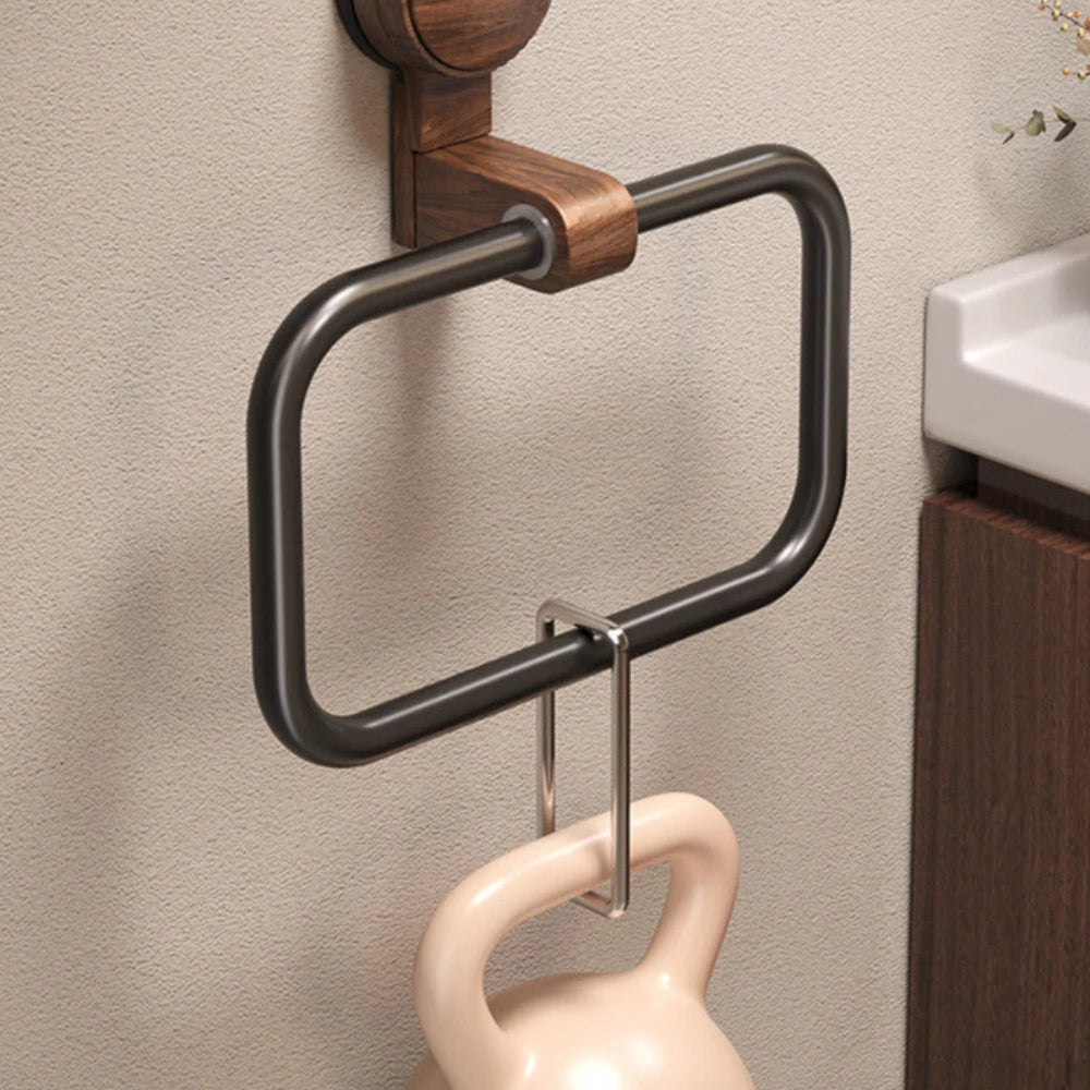 Suction-Mount Towel Holder with Stylish Wood and Metal Design