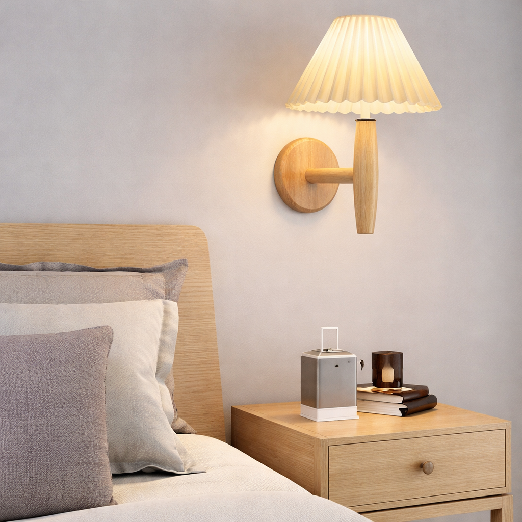 Elegant Indoor Wall Light with Pleated Shade and Wooden Accents