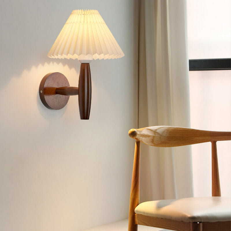Elegant Indoor Wall Light with Pleated Shade and Wooden Accents