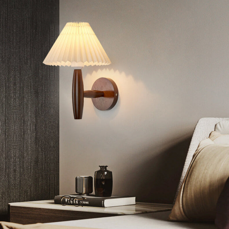 Elegant Indoor Wall Light with Pleated Shade and Wooden Accents