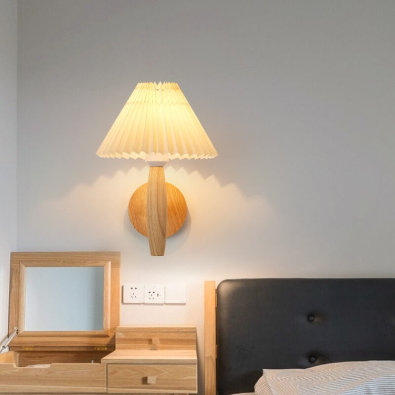 Elegant Indoor Wall Light with Pleated Shade and Wooden Accents