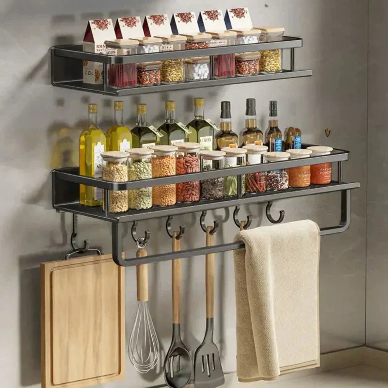 Elegant Wall-Mounted Kitchen Organizer with Spice Rack & Hooks