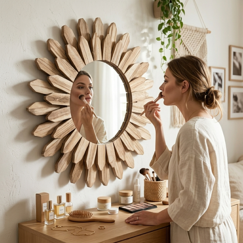 Elegant Round Sunburst Wall Mirror with Wooden Frame