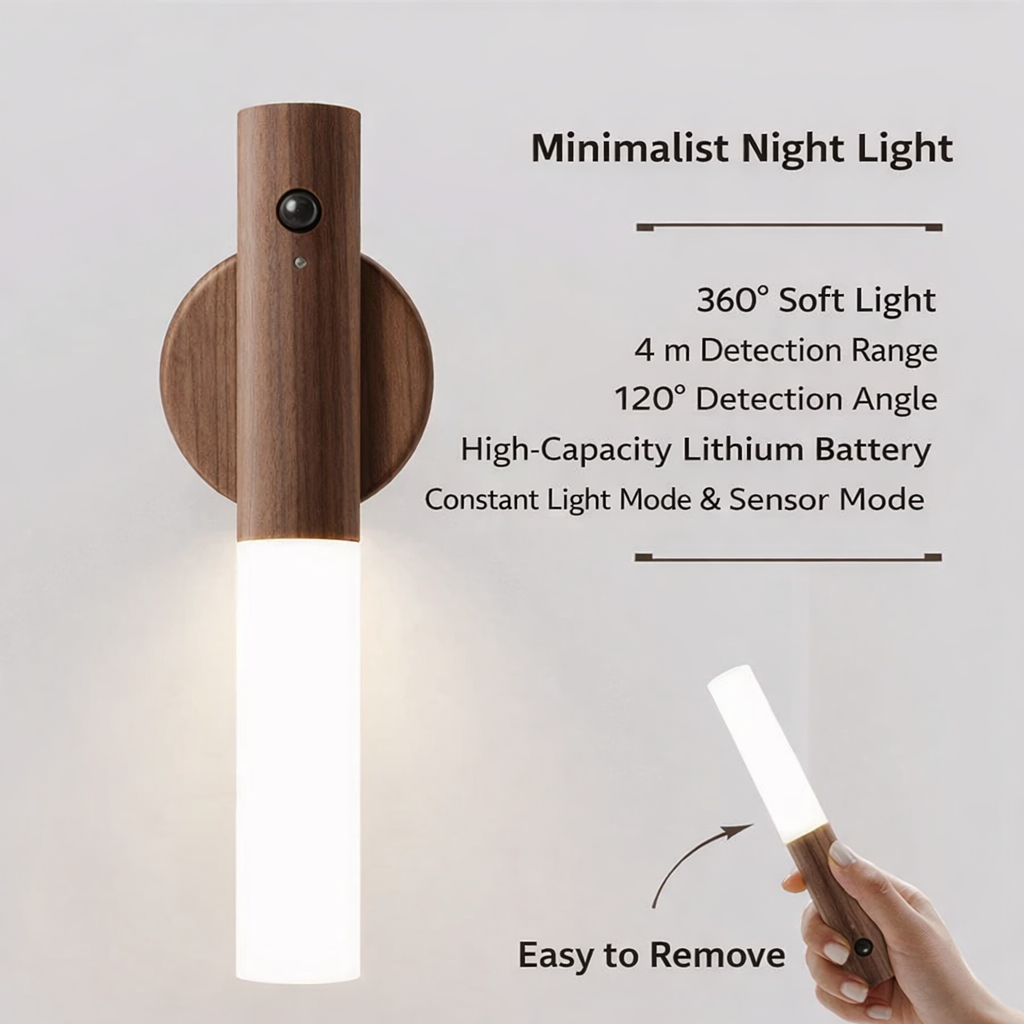 Wireless Wall Light with Motion Sensor – Wooden Design