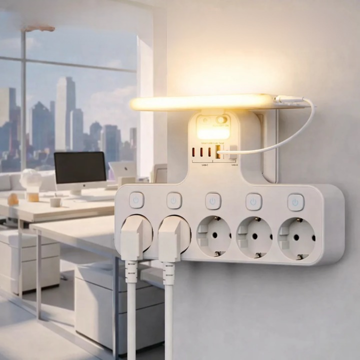 Wall Power Strip with Individually Switchable Outlets and USB Ports