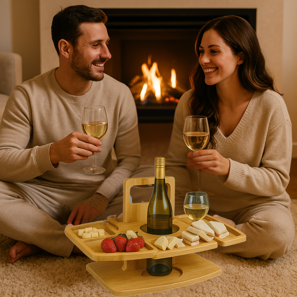 Folding Wooden Wine Table with Snack Compartments, Glass and Bottle Holders