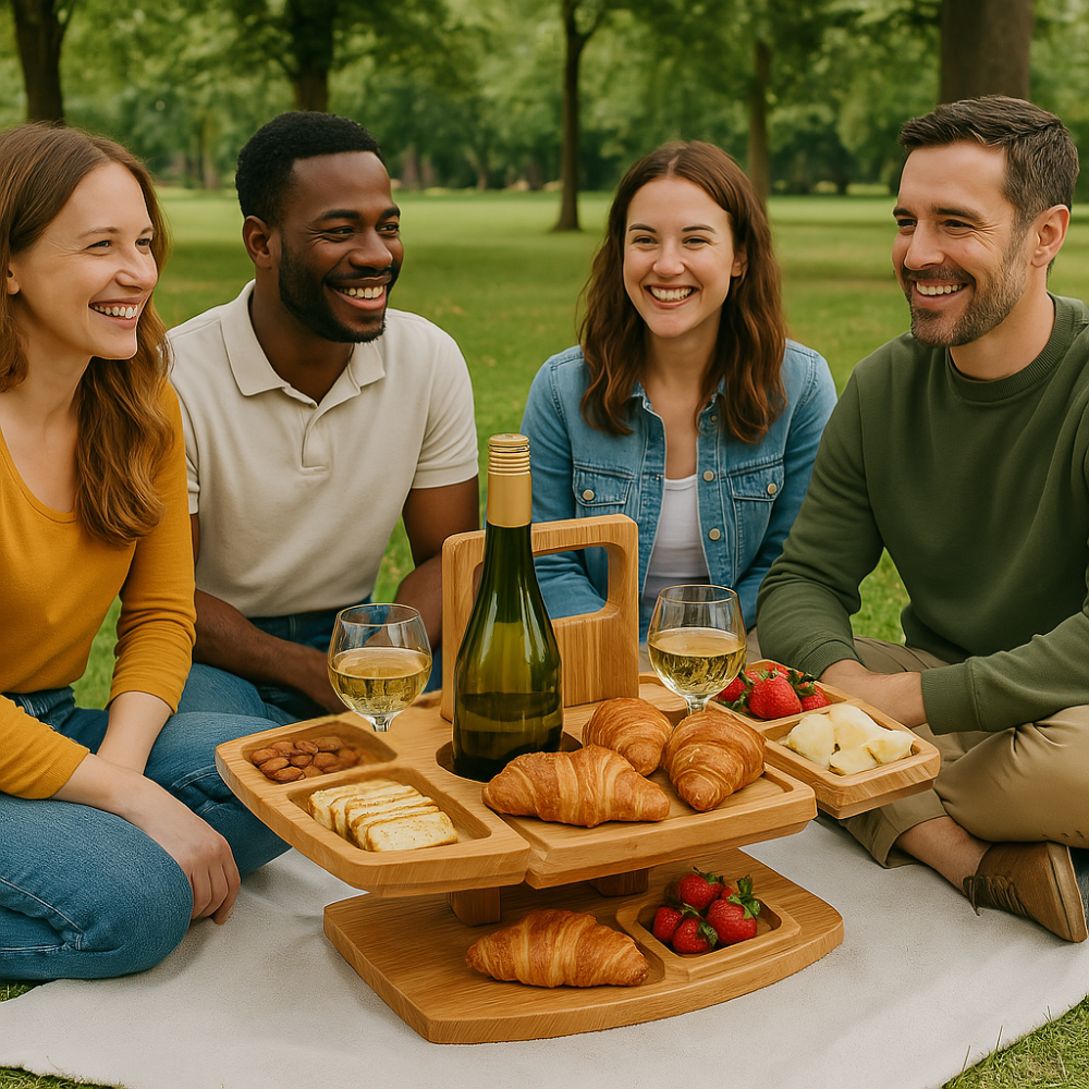 Folding Wooden Wine Table with Snack Compartments, Glass and Bottle Holders