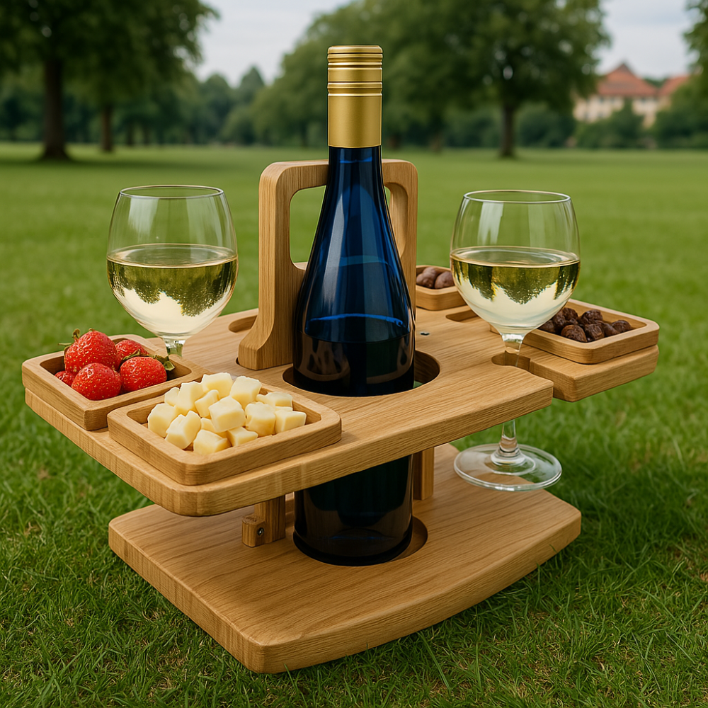 Folding Wooden Wine Table with Snack Compartments, Glass and Bottle Holders