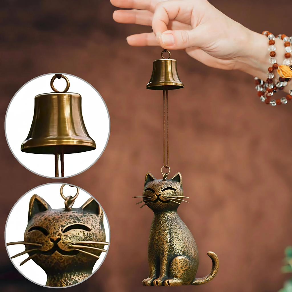 Artisan Cat-Inspired Copper Wind Chime for a Calming Atmosphere