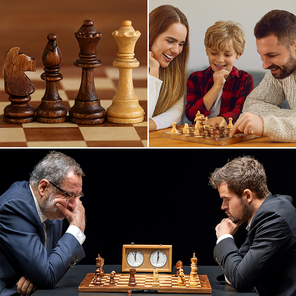 Elegant Wooden Chess Set with Foldable Board and Artisan Pieces