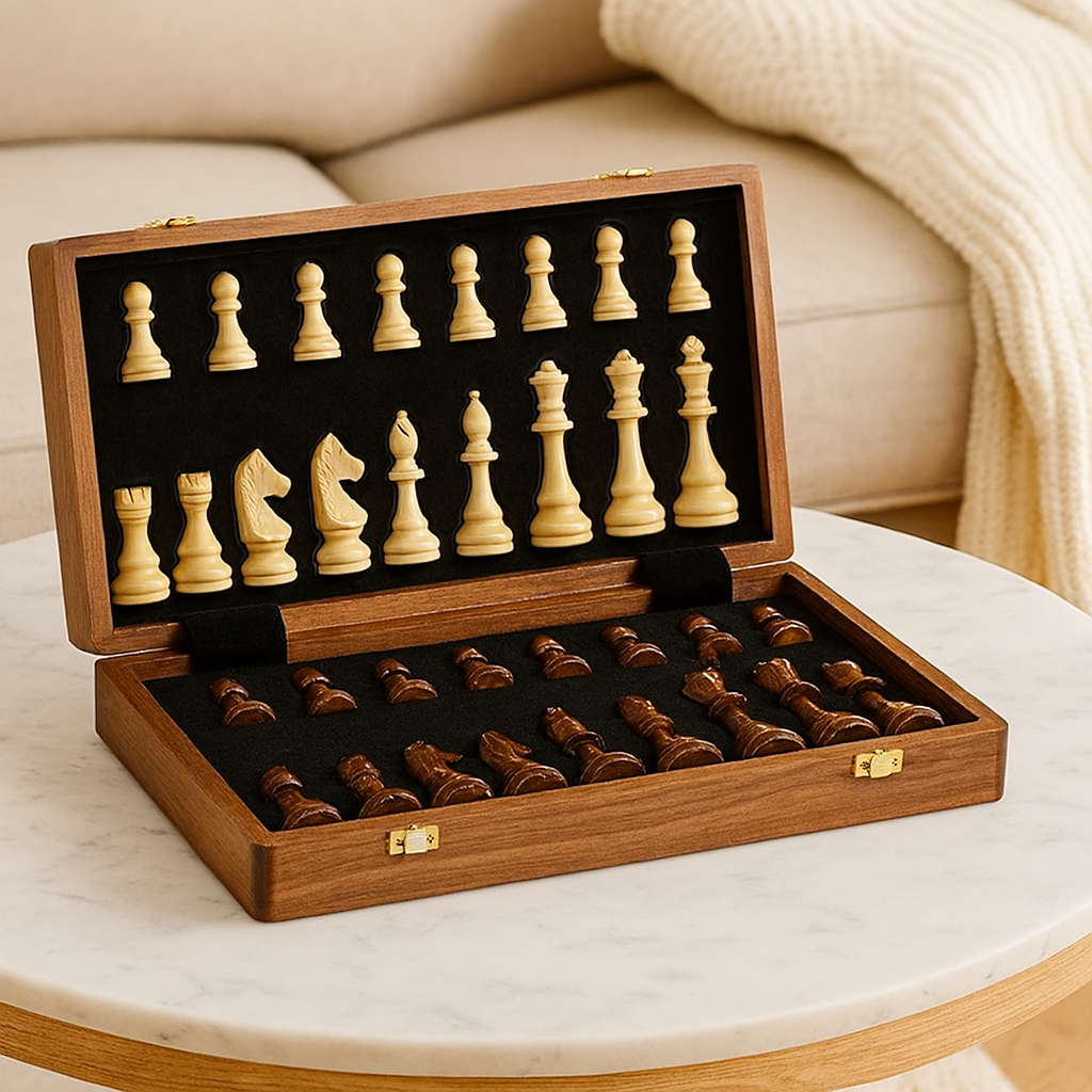 Elegant Wooden Chess Set with Foldable Board and Artisan Pieces