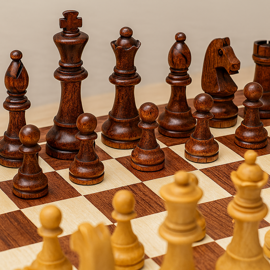 Elegant Wooden Chess Set with Foldable Board and Artisan Pieces