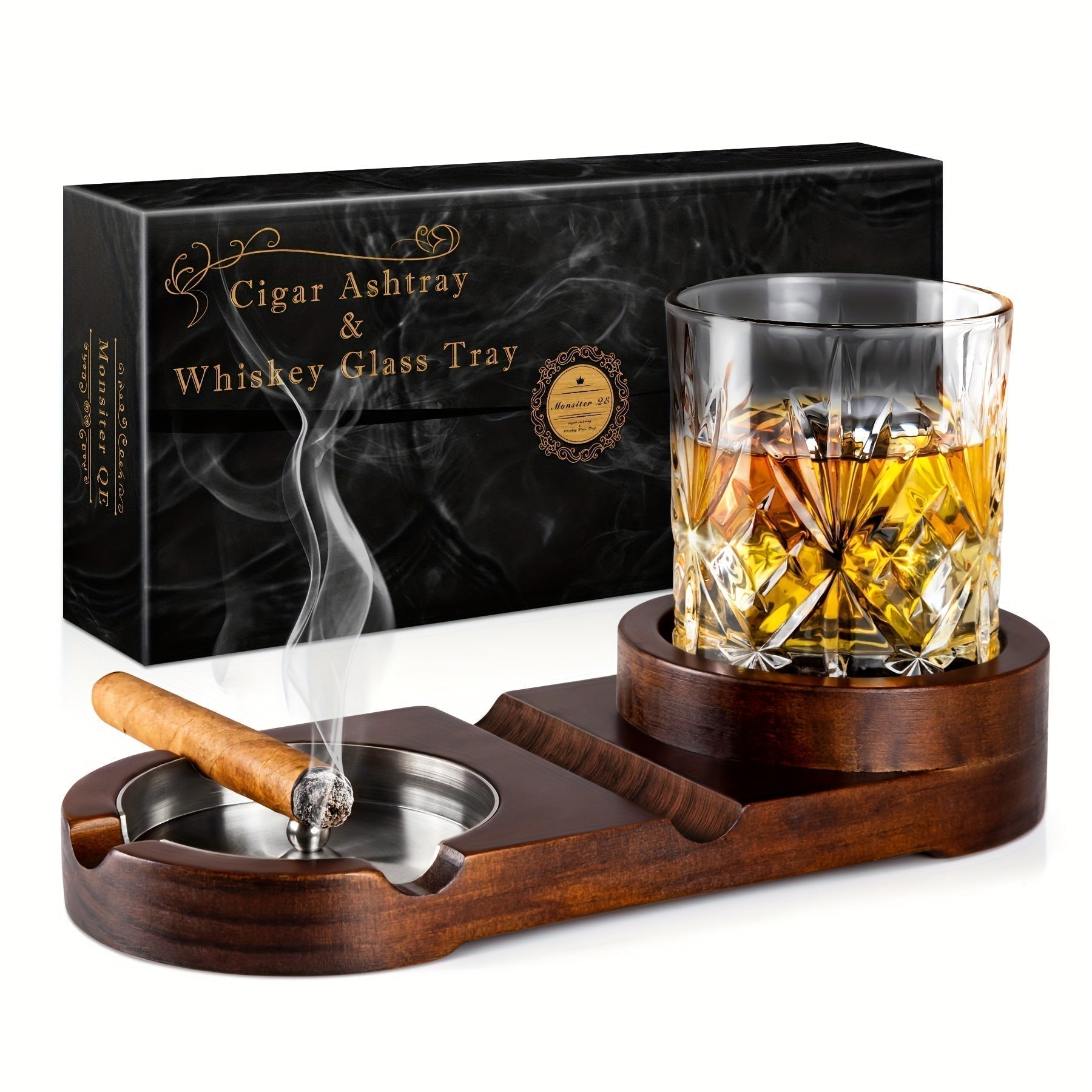 Elegant Wooden Cigar Ashtray with Glass Holder