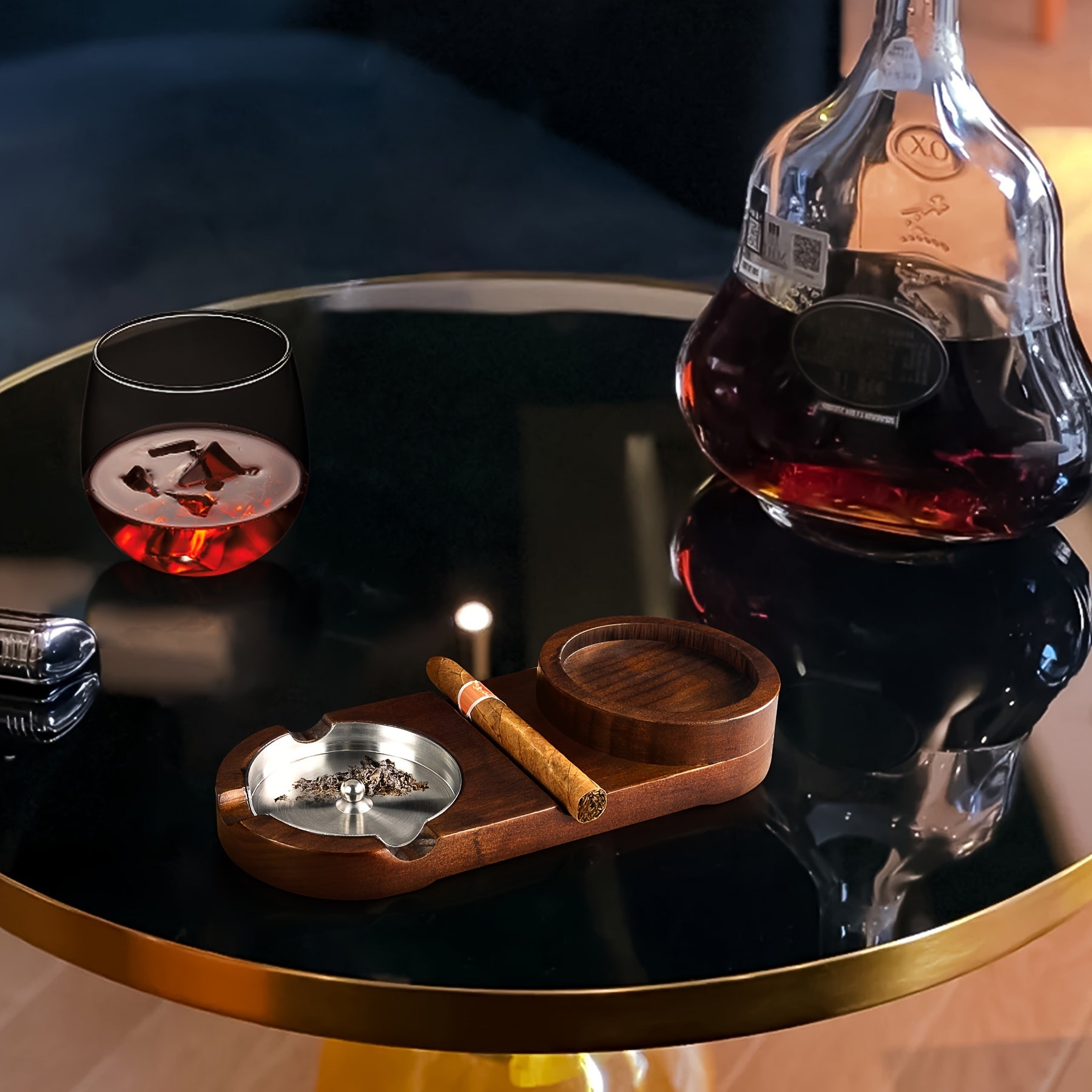 Elegant Wooden Cigar Ashtray with Glass Holder