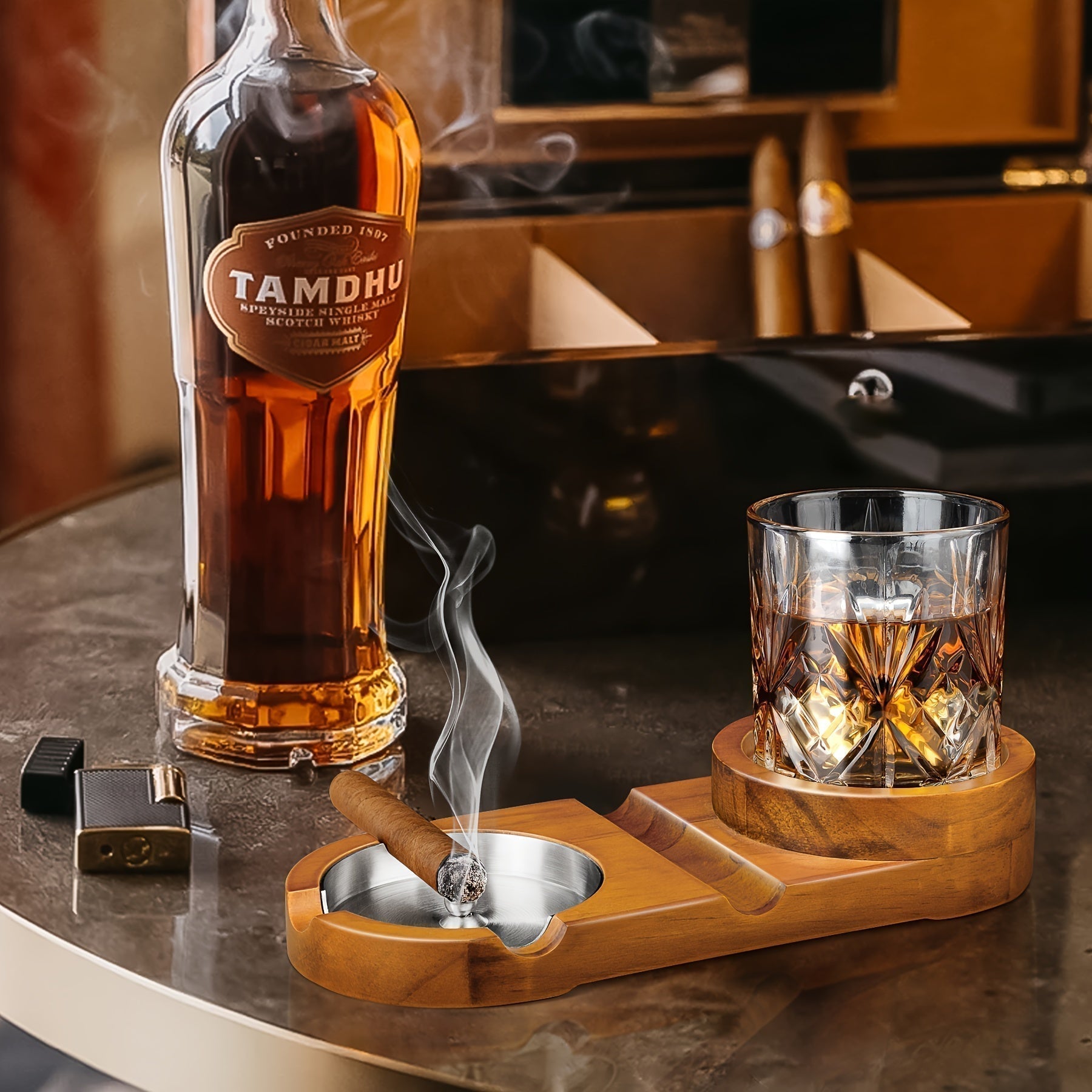 Elegant Wooden Cigar Ashtray with Glass Holder