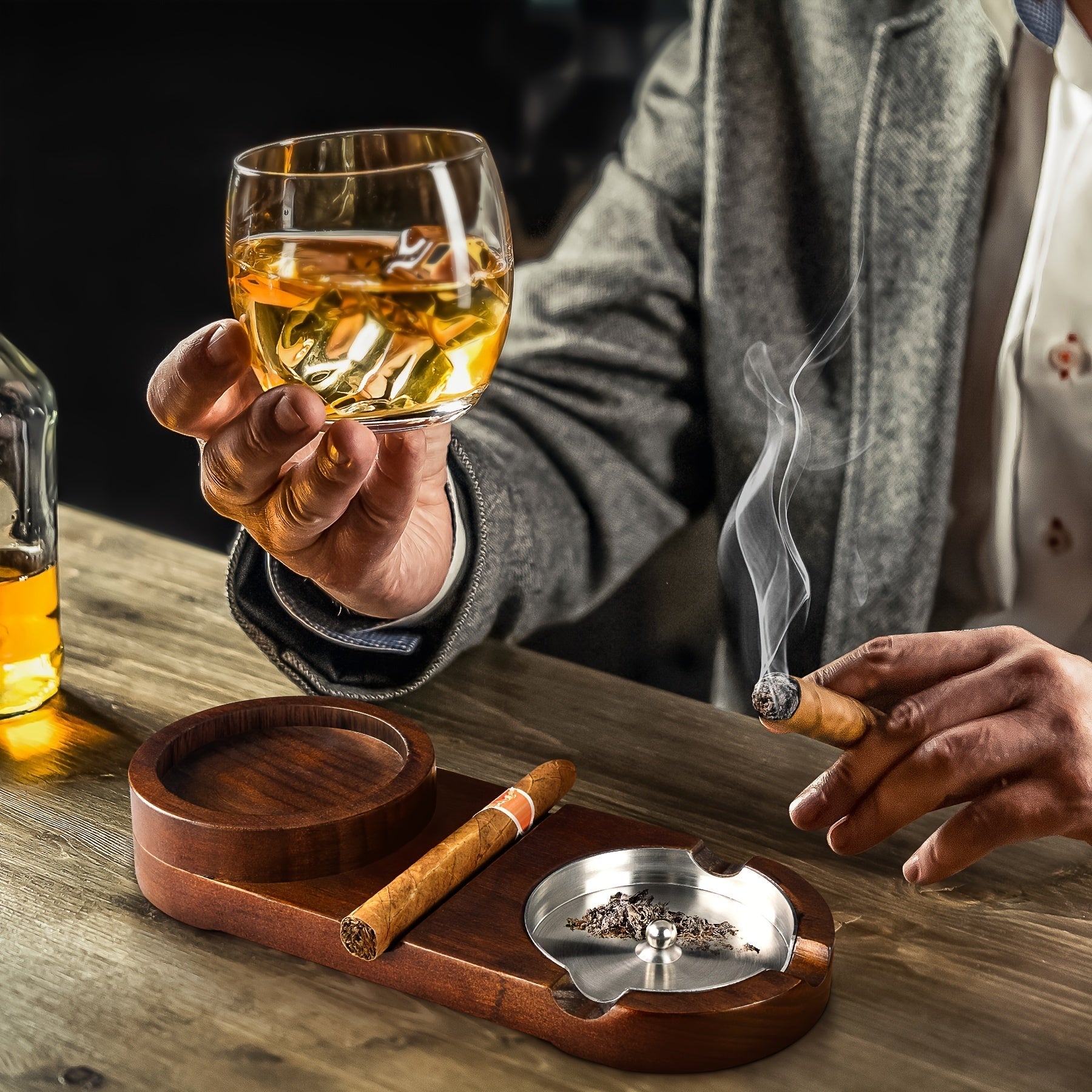 Elegant Wooden Cigar Ashtray with Glass Holder
