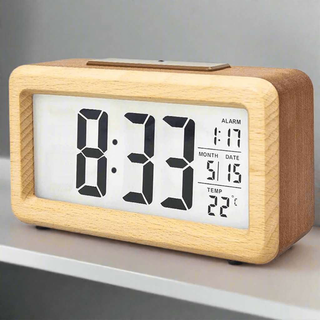Natural Wood Alarm Clock with LED Display & Temp Monitor
