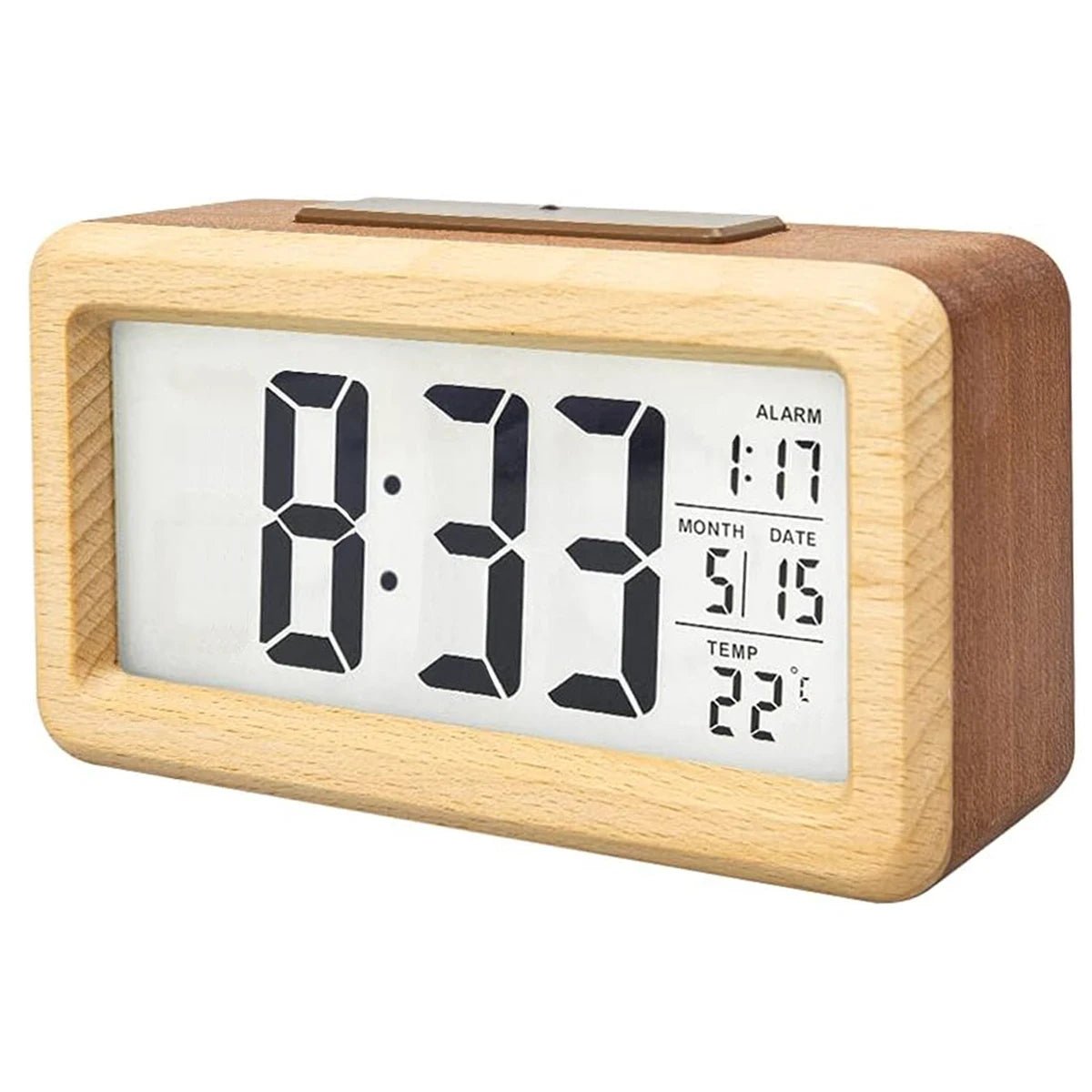 Natural Wood Alarm Clock with LED Display & Temp Monitor