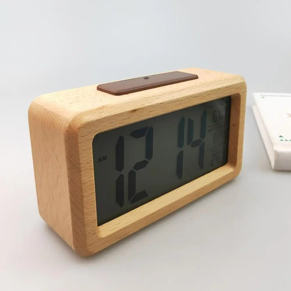 Natural Wood Alarm Clock with LED Display & Temp Monitor