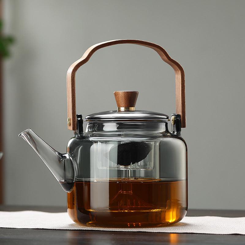 Elegant Smoked Glass Teapot with Wooden Accents for Loose Leaf Tea