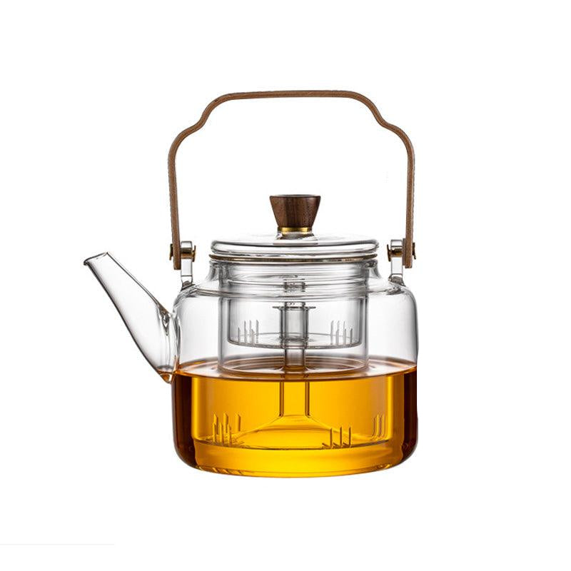Elegant Smoked Glass Teapot with Wooden Accents for Loose Leaf Tea