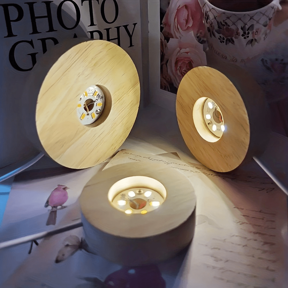 Natural Wood LED Display Stand with USB Power - Warm White Light