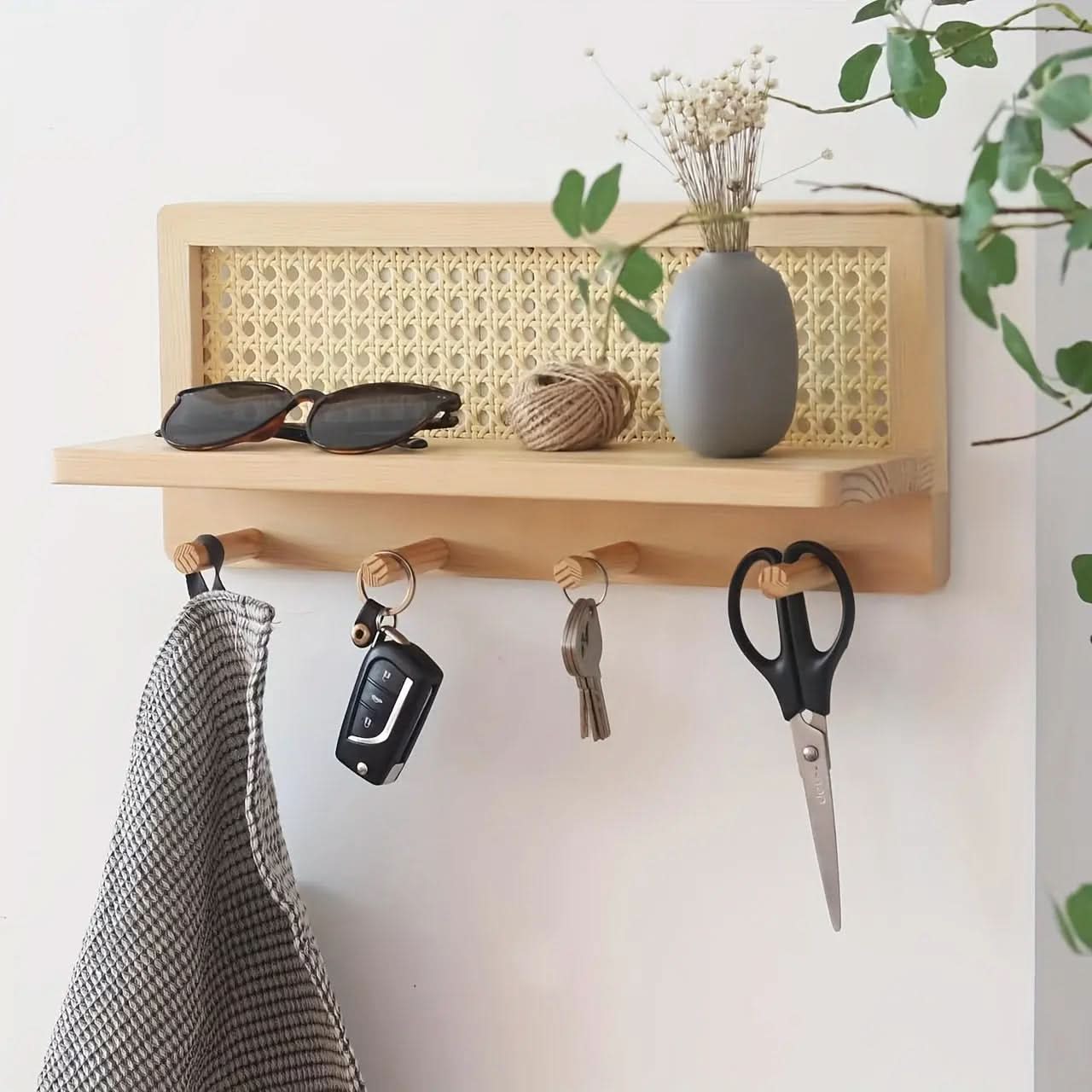 Rustic Wooden Wall Shelf with Rattan Accent and Hooks