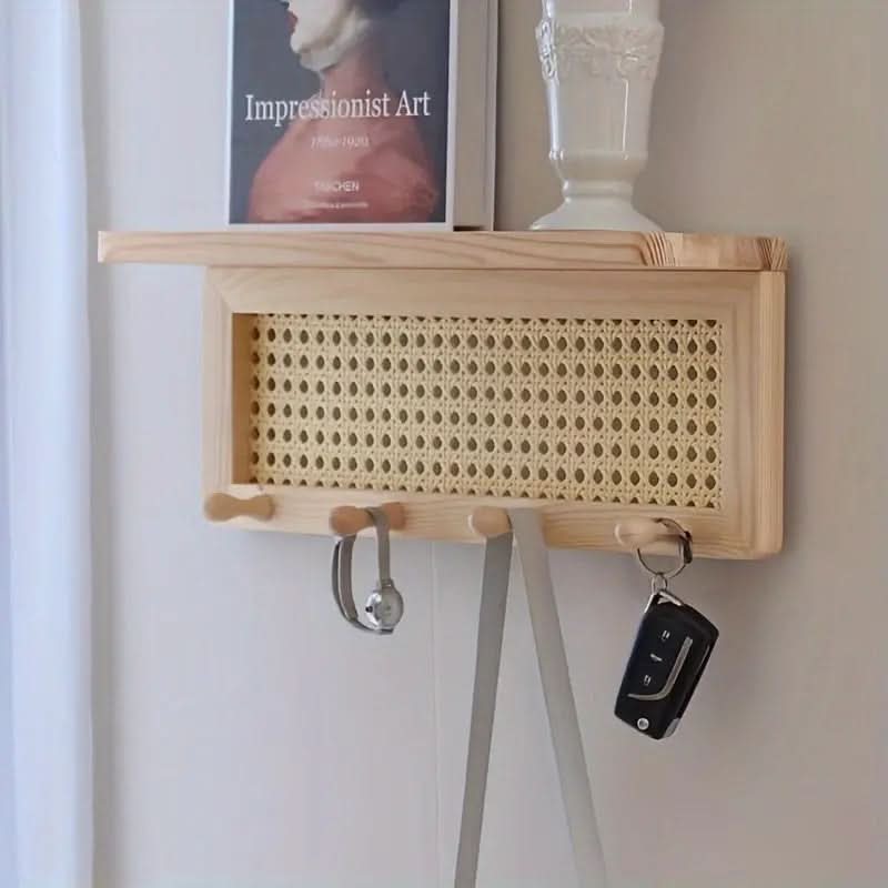 Rustic Wooden Wall Shelf with Rattan Accent and Hooks