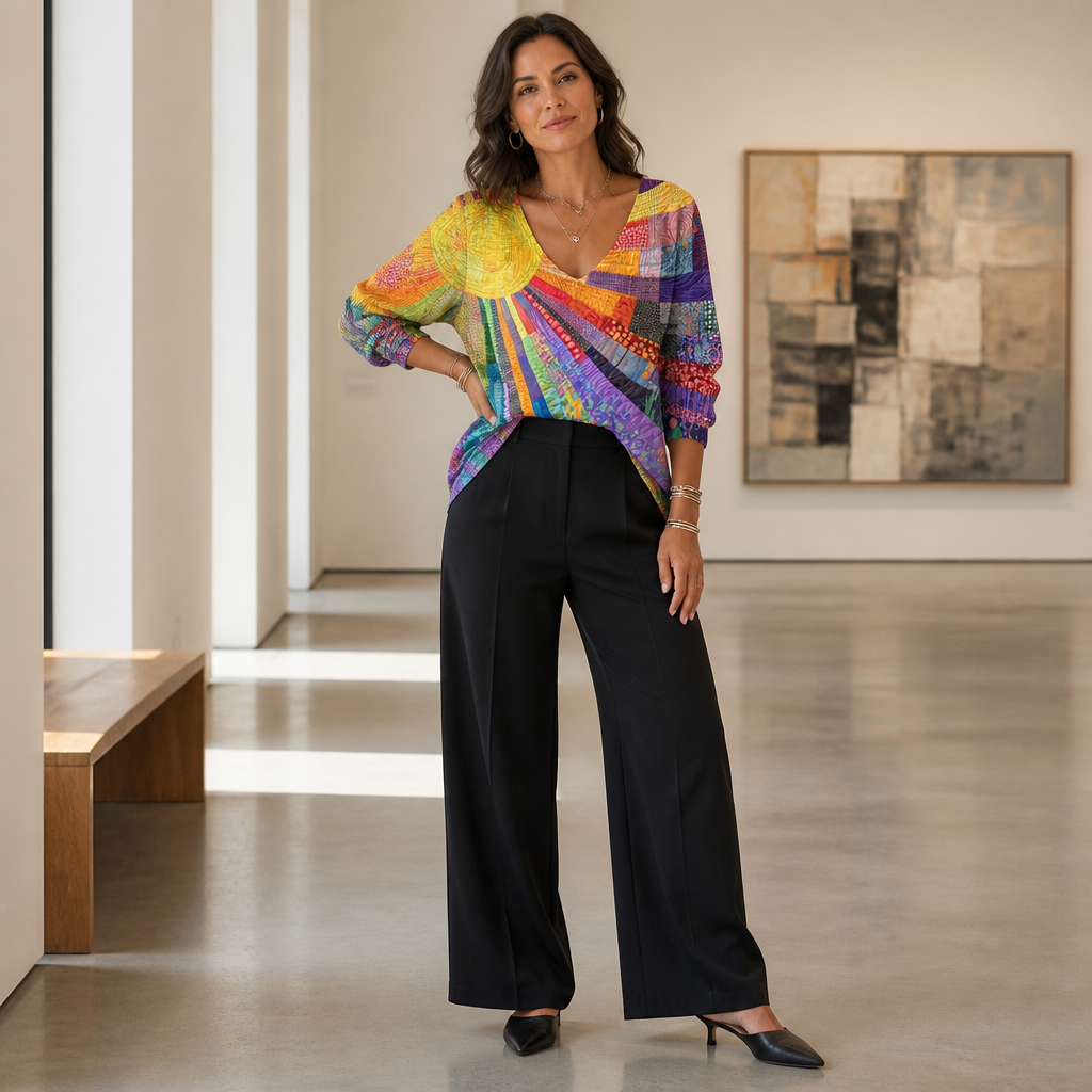 LuxeVera™ – Radiant Sunburst Patchwork V-Neck Blouse