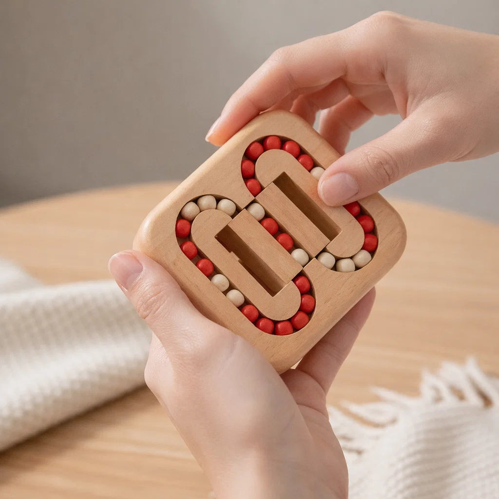 Wooden puzzle game with rotating pieces