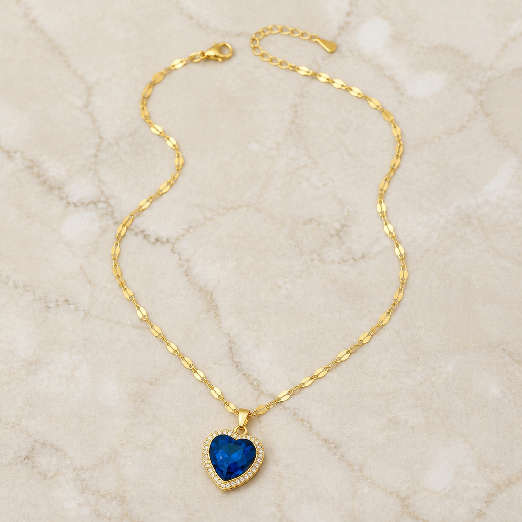LioraCharm™ – Gleaming Sapphire Heart Necklace with Pavé Halo Pendant