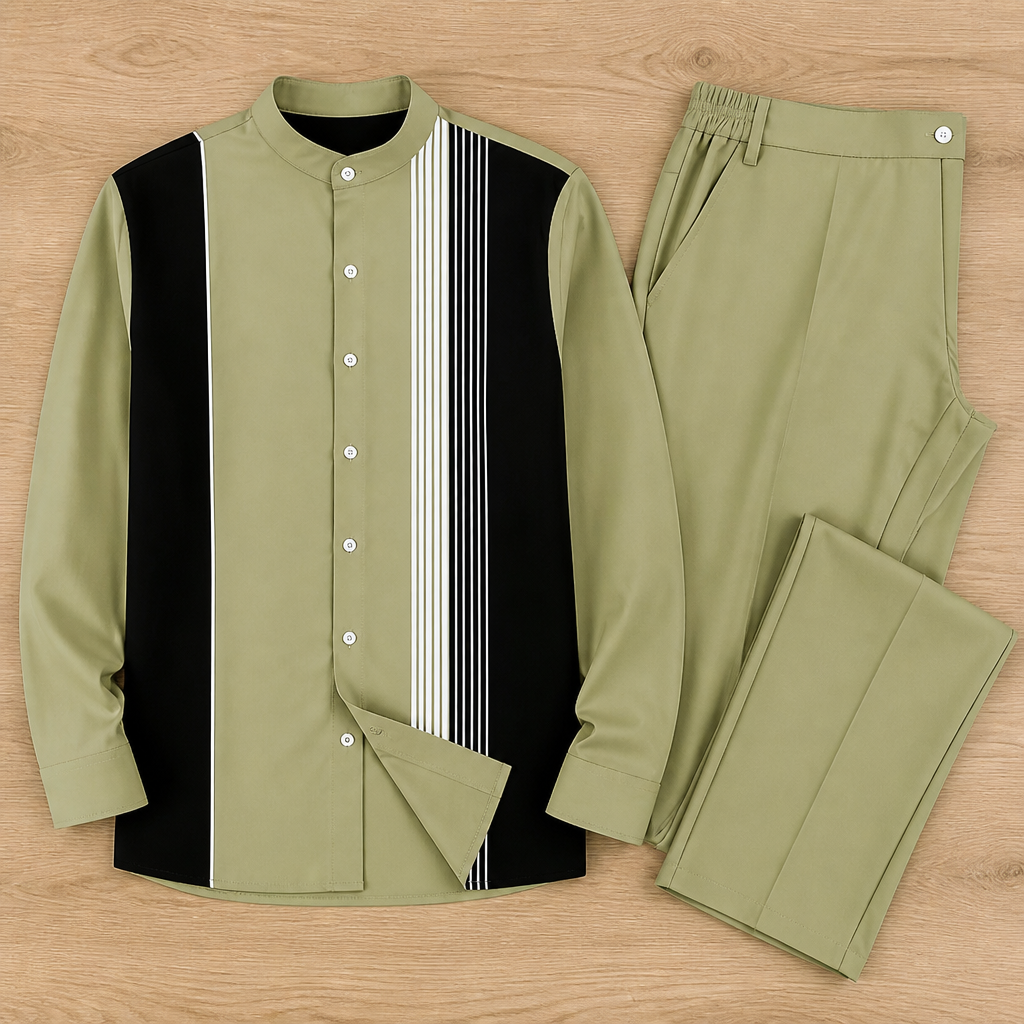 ValoroEdge™ – Color-Block Striped Mandarin-Collar Shirt & Pants Set