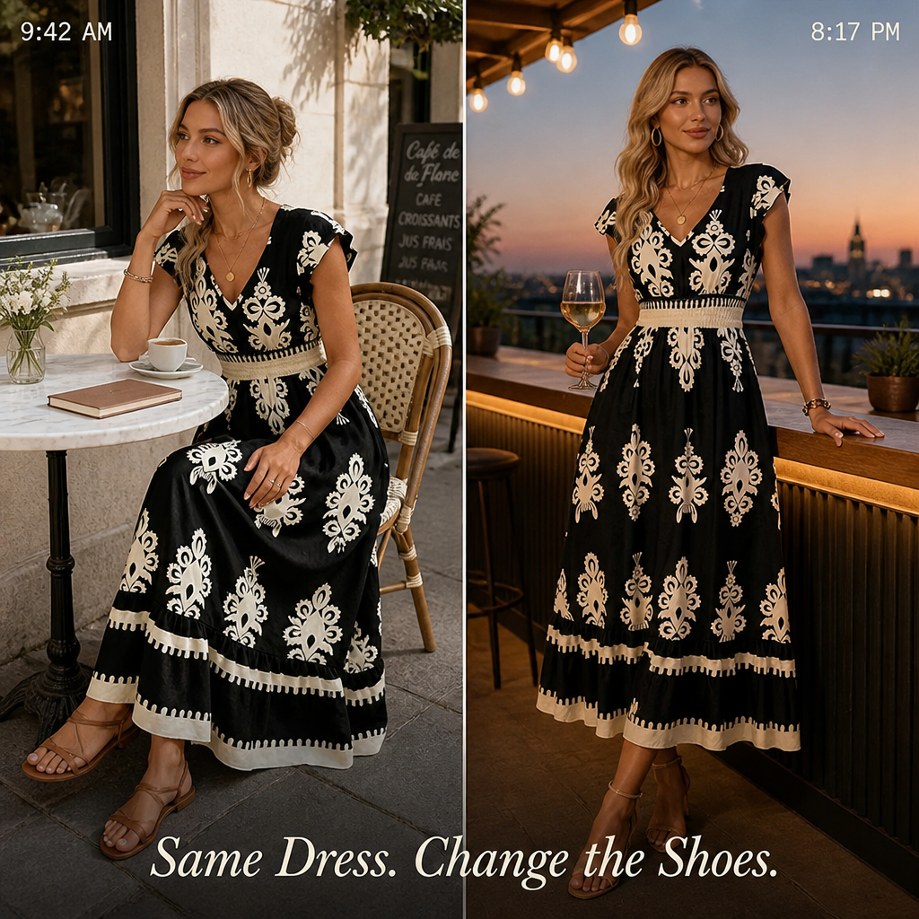Vellureva™ — Slip on One Cap-Sleeve Maxi from Café Brunch to Rooftop Night