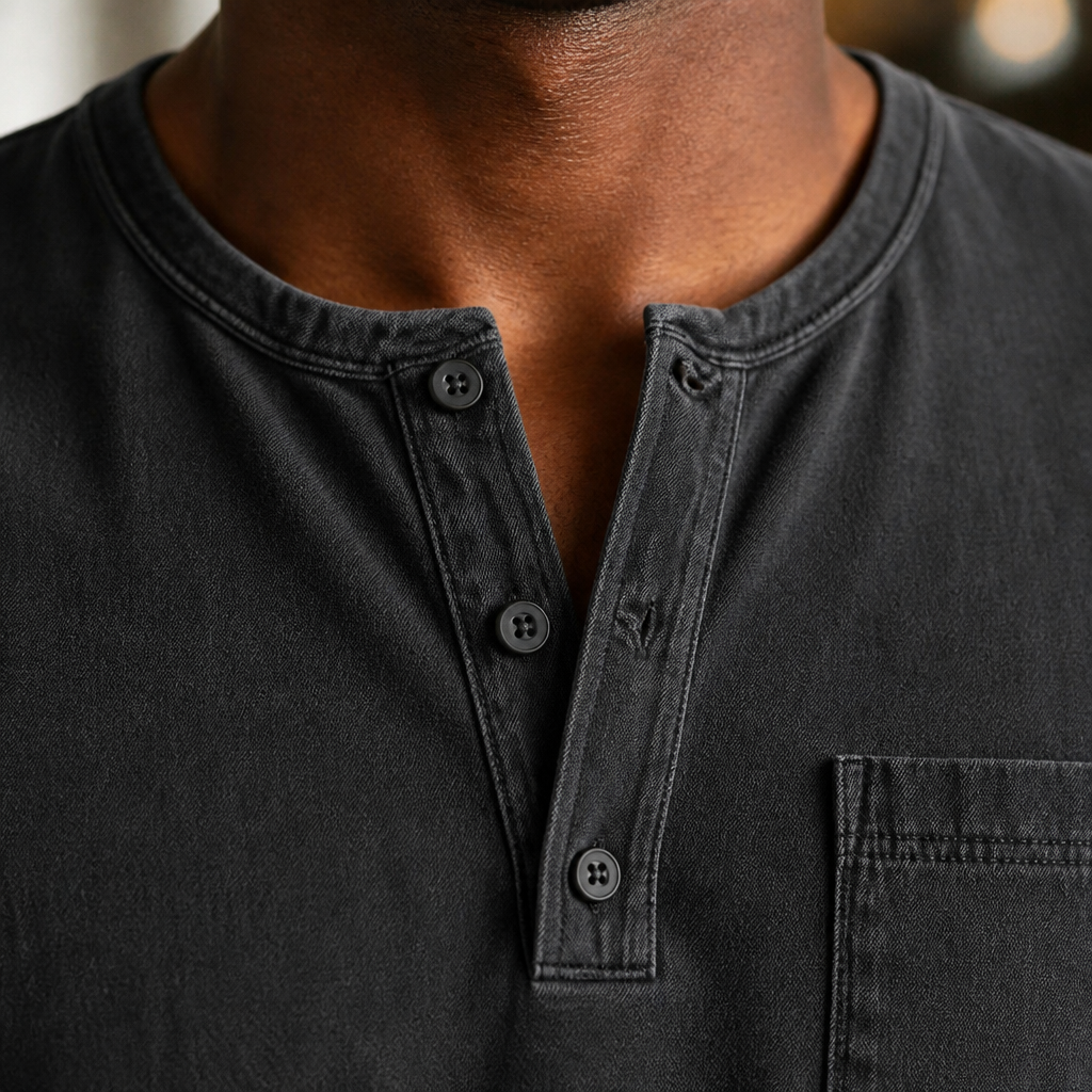 VeroVibe™ – Long Sleeve Henley in Vintage Wash with Chest Pocket