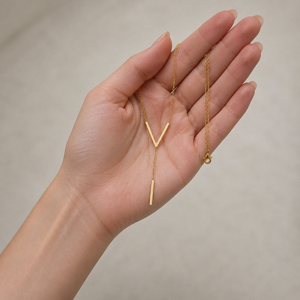 LumaRadiance™ – Sleek Gold Lariat Necklace Featuring V-Bar Pendant