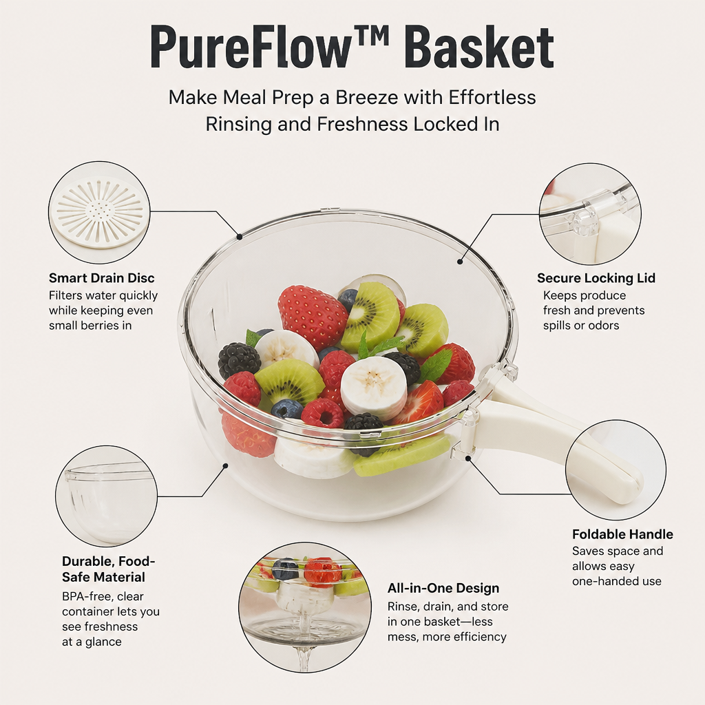 PureFlow™ Basket — Make Meal Prep a Breeze with Effortless Rinsing and Freshness Locked In
