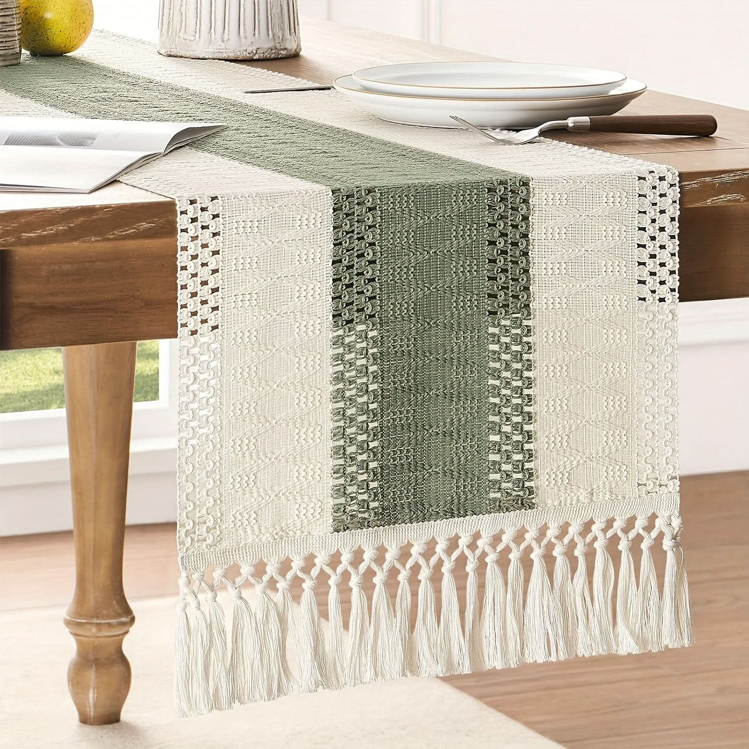 Sage Green Macrame Table Runner for Home Decor