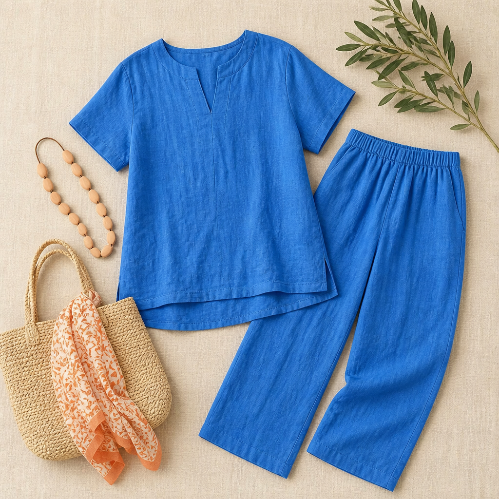 LumoraEase™ – Comfy Cotton-Linen V-Neck Two-Piece Ensemble