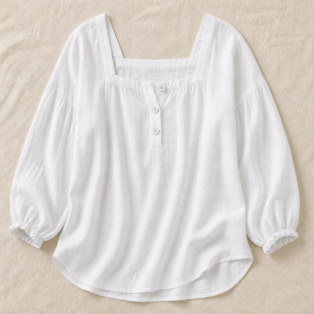 LumaFemme™ – Breezy Square-Neck Puff Sleeve Cotton-Linen Blouse