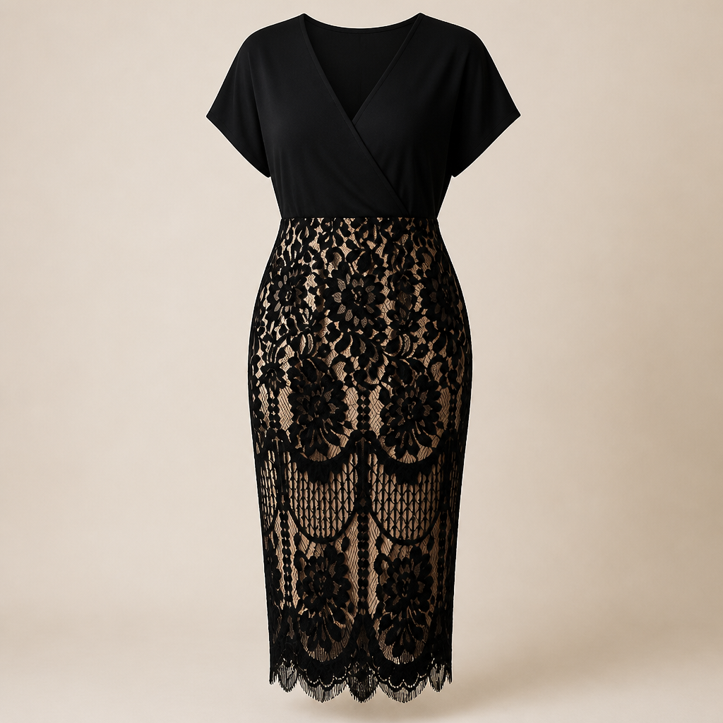 AriaLuxe™ – Lace Midi Dress with V-Neck Wrap Top, Curve-Enhancing Silhouette