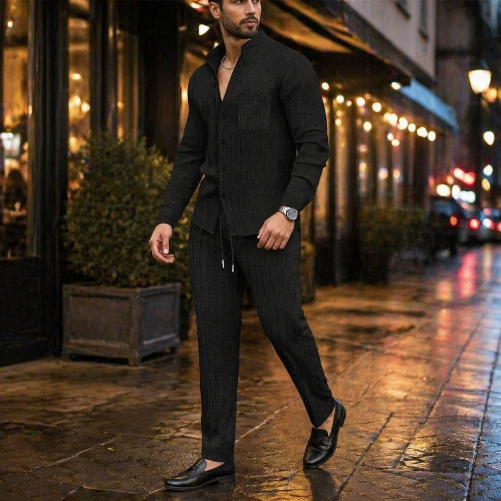 AnyWear™ – Casual Waffle-Knit Shirt & Pants Set Featuring Mandarin Collar