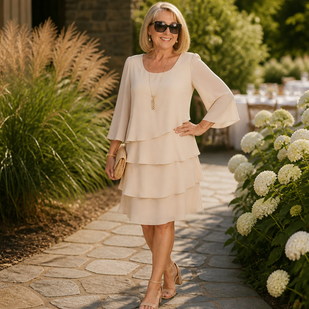LumaBella™ – Sophisticated Layered Chiffon Dress with Flowing Bell Sleeves