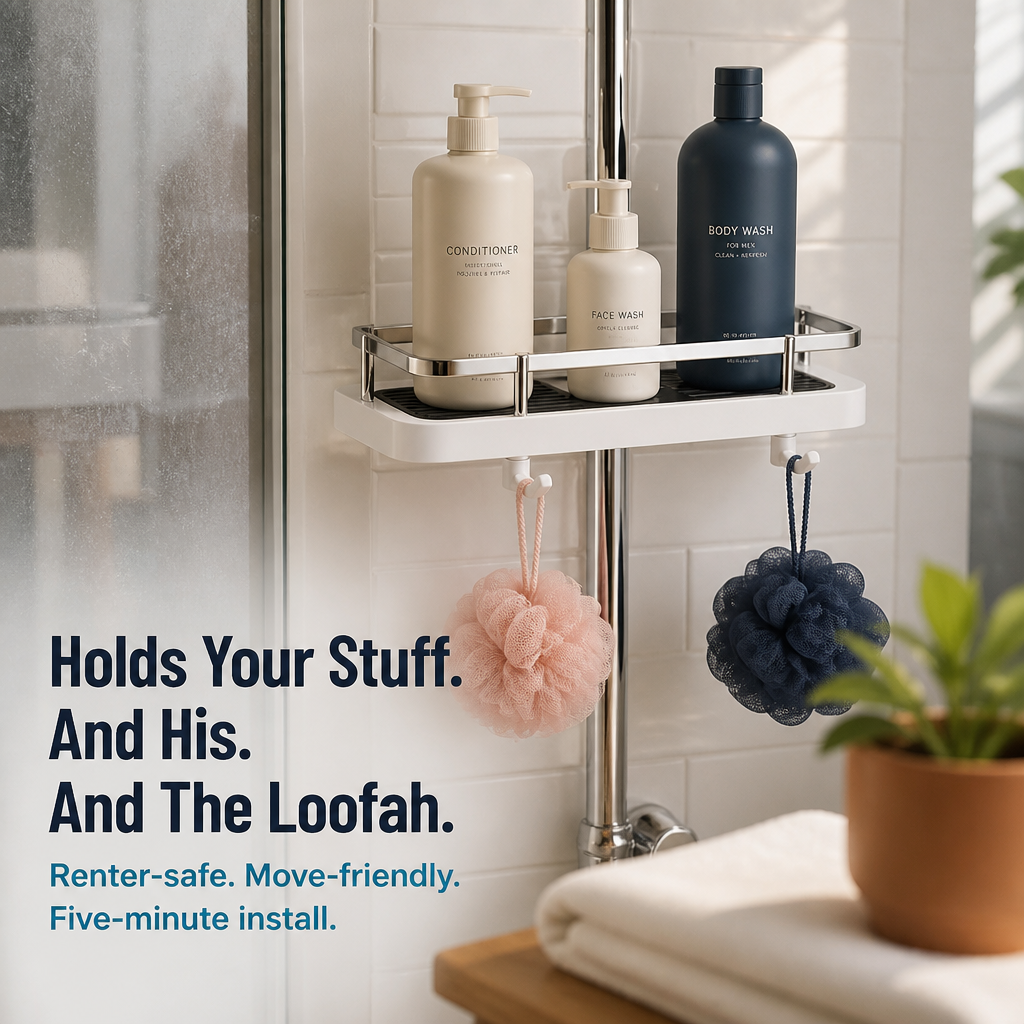 AquaNest™ — Snap One Adjustable Tray onto Your Shower Pipe, No Drilling