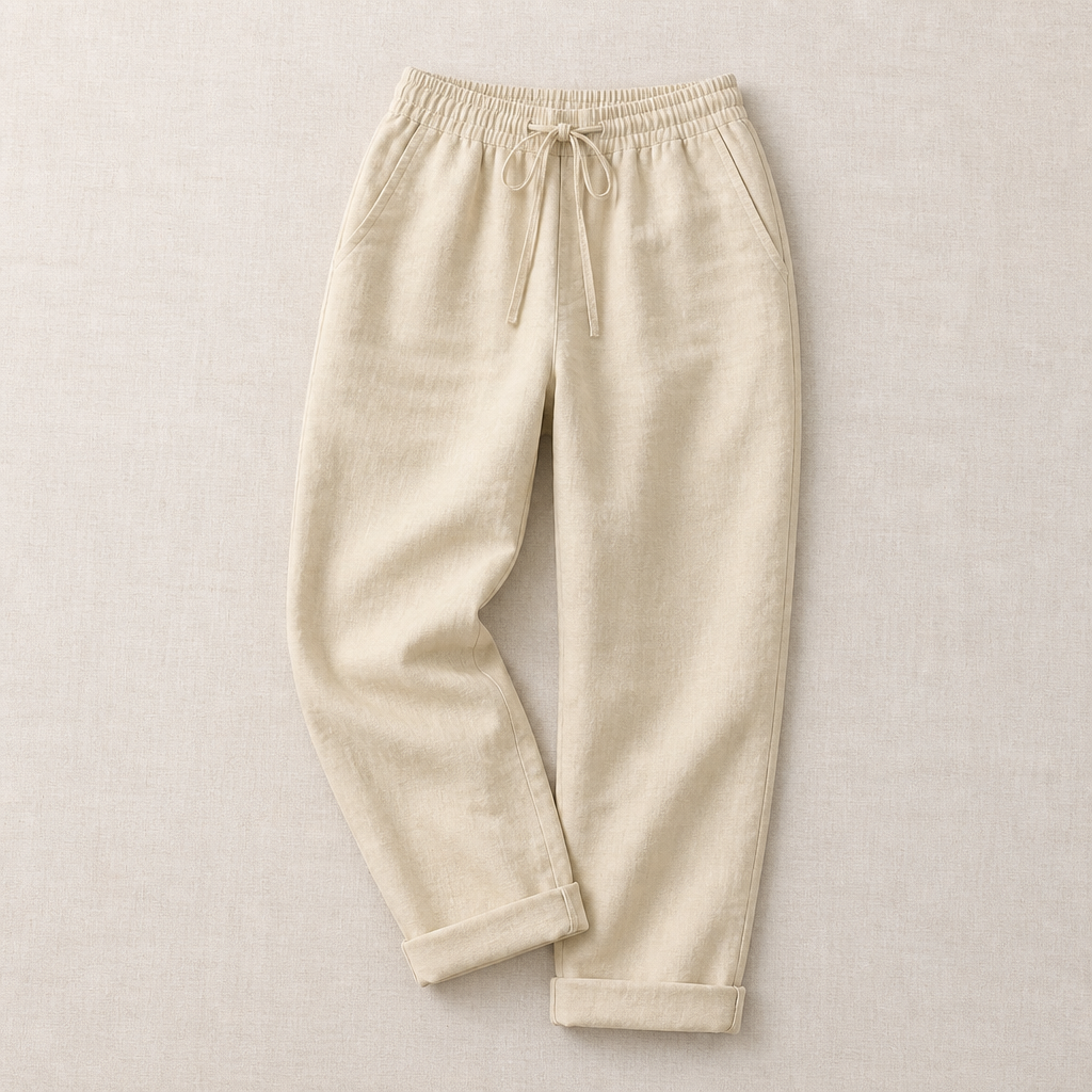 VelouraFlex™ – Airy Cotton-Linen Drawstring Pants with Tapered Cuffed Hem