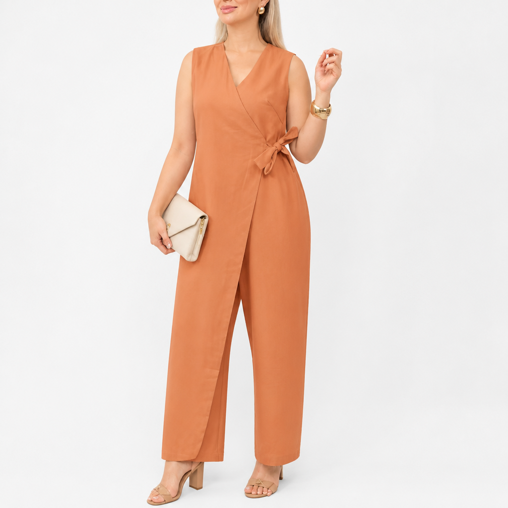 SereneSilhouette™ – Chic Sleeveless Wrap-Front Jumpsuit Featuring Side Tie
