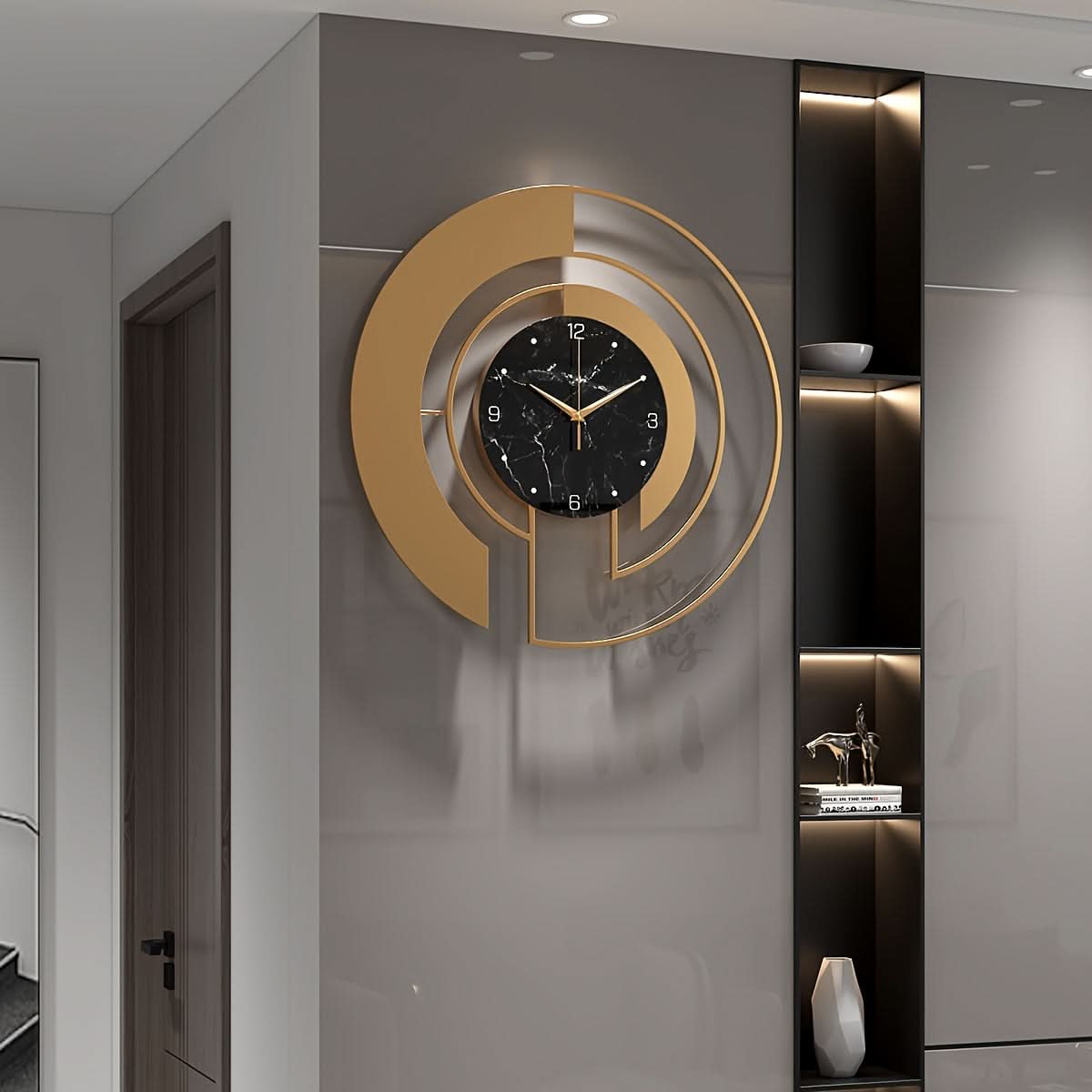 Silent Wall Clock with Glass Face – Golden Geometric Design