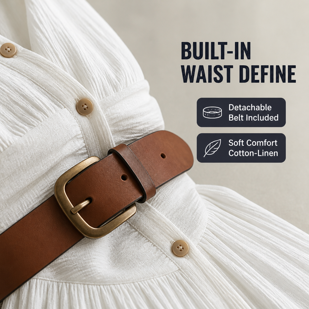 LuminaDream™ – Relaxed Belted Button-Front Linen Maxi Dress